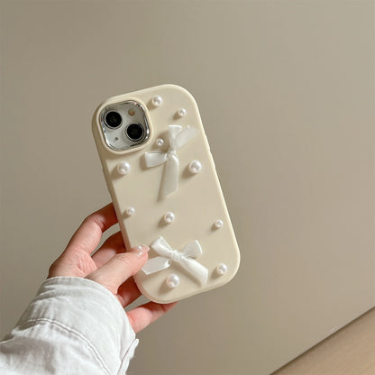 【パールリボン】立体リボン＆パール ストラップ付き デコスマホケース｜iPhone対応 #250727