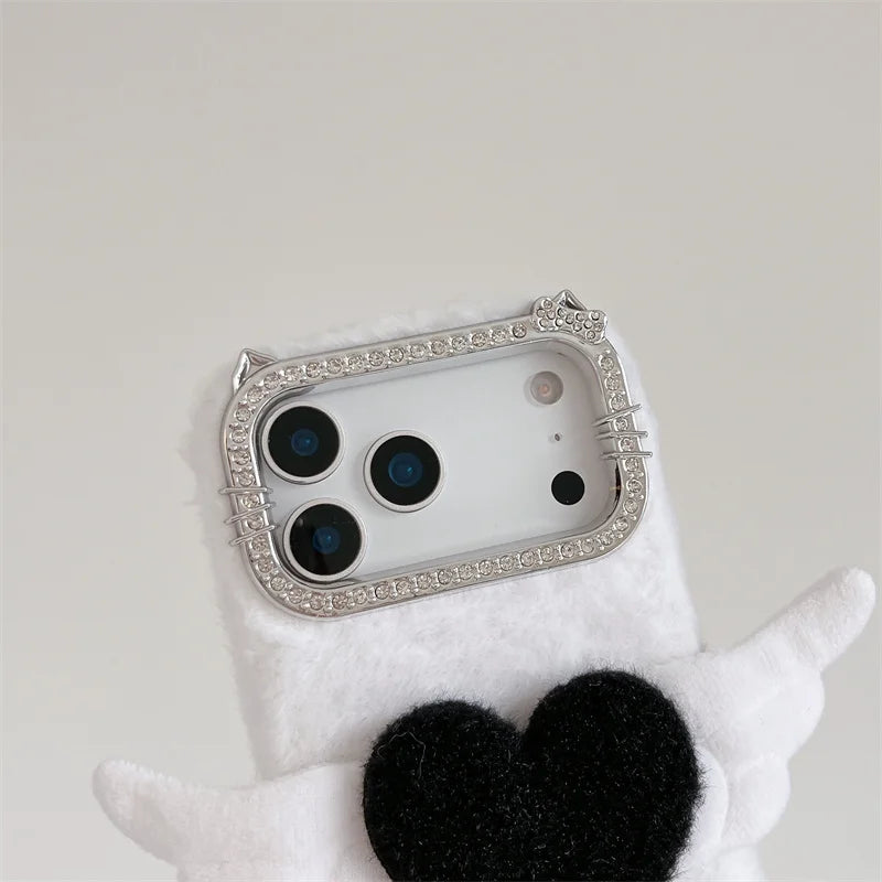 【もこもこエンジェル】ハート × 羽モチーフ ふわふわラブリーケース｜iPhone対応 #240910