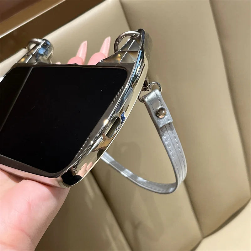 【ショルダーバッグ型 】ストラップ付き パールバタフライ スマホケース｜iPhone対応 #241001