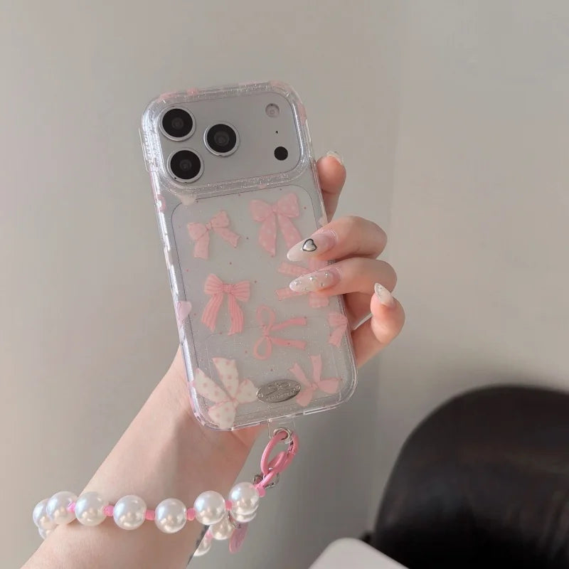 【リボンモチーフ】 クリア iPhoneケース 水玉模様 蝶結び付き ソフトシェル｜パールストラップ・淡色デザイン #230907
