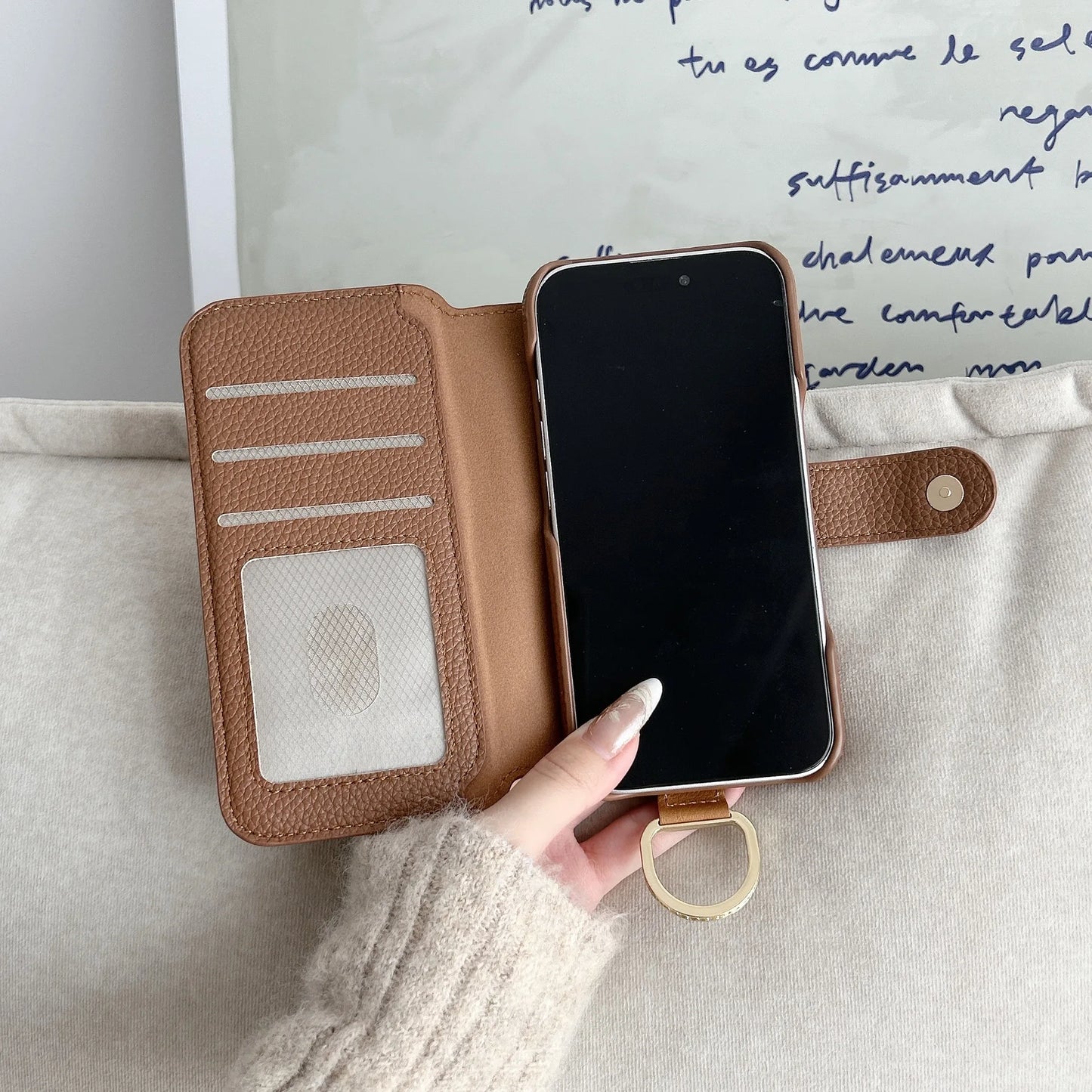 【ブックスタイル】キーリング付き レザー調 財布一体型 手帳型 iPhoneケース｜ファスナー収納・多色展開 #240128