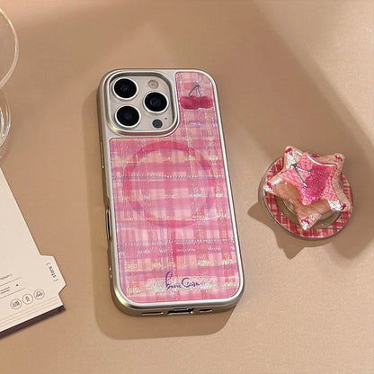 【Magnet対応】ピンクチェック スターチェリー × シルバーフレーム スマホケース｜iPhone対応 #240822