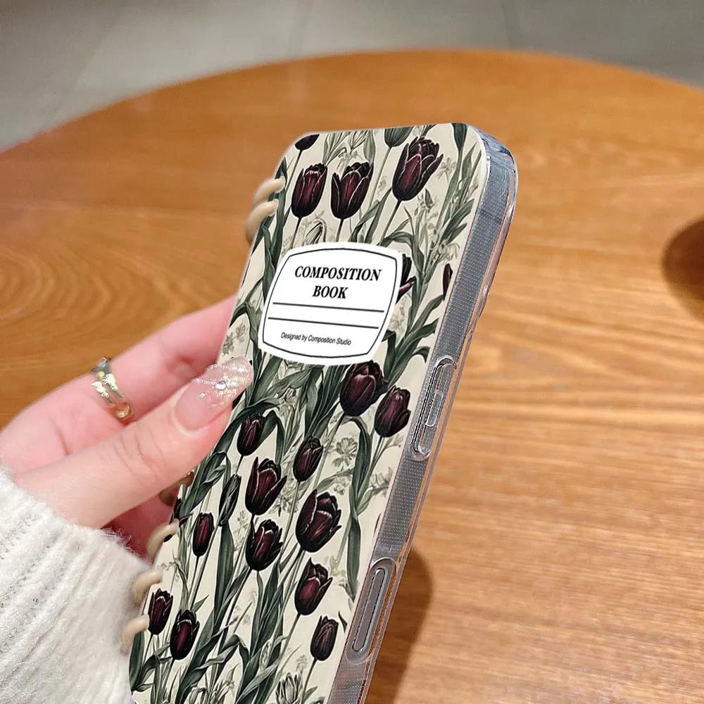 【ブックスタイル】リングノート風 フラワー チューリップデザイン 手帳型 iPhoneケース #240202