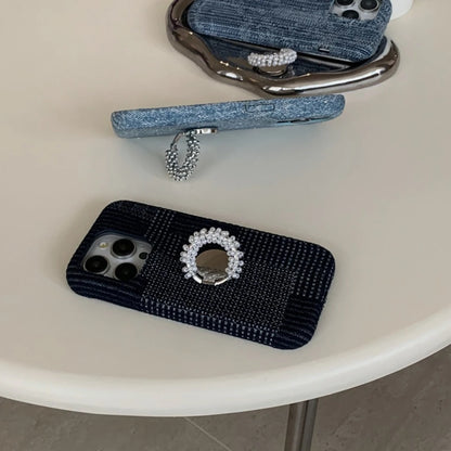 【デニムパール】ヴィンテージ デニム調 パール ビーズリング スタンド スマホケース｜iPhone対応 #250420