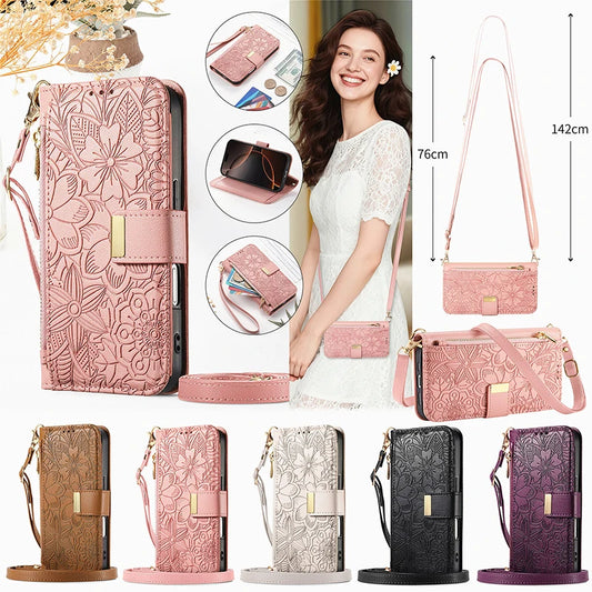 【ブックスタイル】フラワー型押し レザー調  手帳型 iPhoneケース｜財布一体型・ショルダー対応 #240123