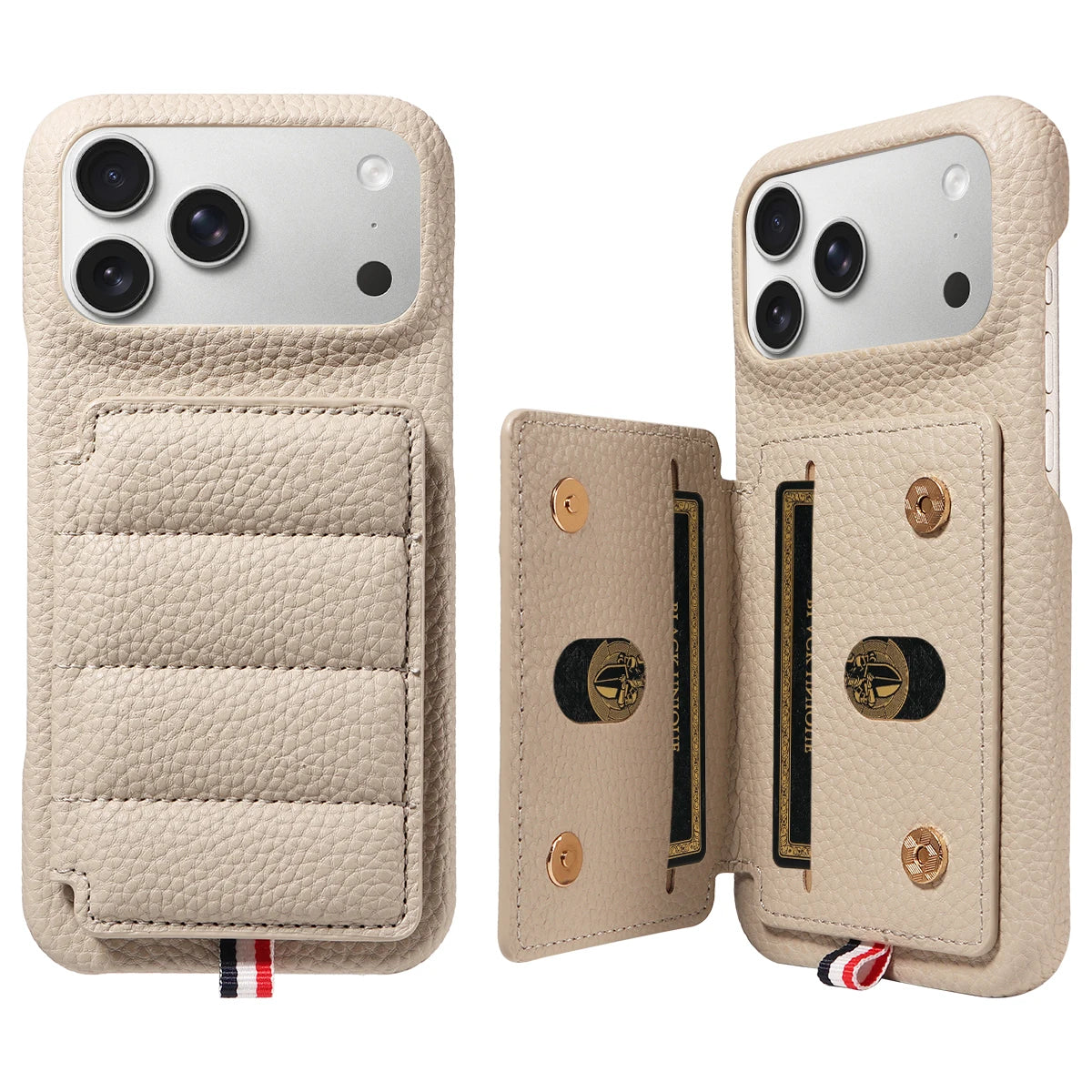 カード収納付き iPhoneケース｜キルティング レザー風デザイン・ロングストラップ付き #240528