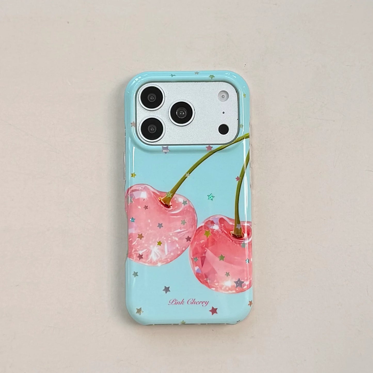 ピンクチェリー ミントブルー ビーズチャーム付き iPhoneケース｜レトロ・大人かわいい #260052