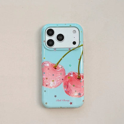 ピンクチェリー ミントブルー ビーズチャーム付き iPhoneケース｜レトロ・大人かわいい #260052