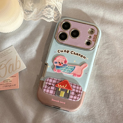 【HAPPYアニマルシリーズ】ヘッドホン わんこ ネコ 刺繍 × ふんわりガーリー ソフトレザー調ケース｜iPhone対応 #240826