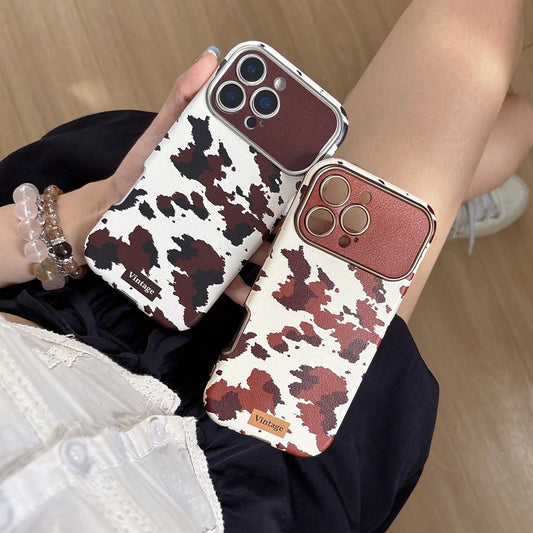 【ヴィンテージカウレザー】ブラウン牛柄×レザー調 スマホケース｜iPhone対応 #250122