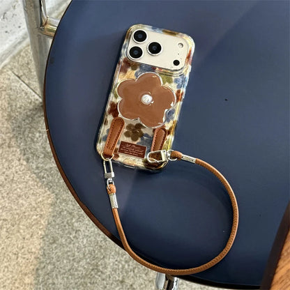 【フラワーパールスタンド】マーブル調×花柄 レザーチャーム付き スマホケース｜iPhone対応 #250312