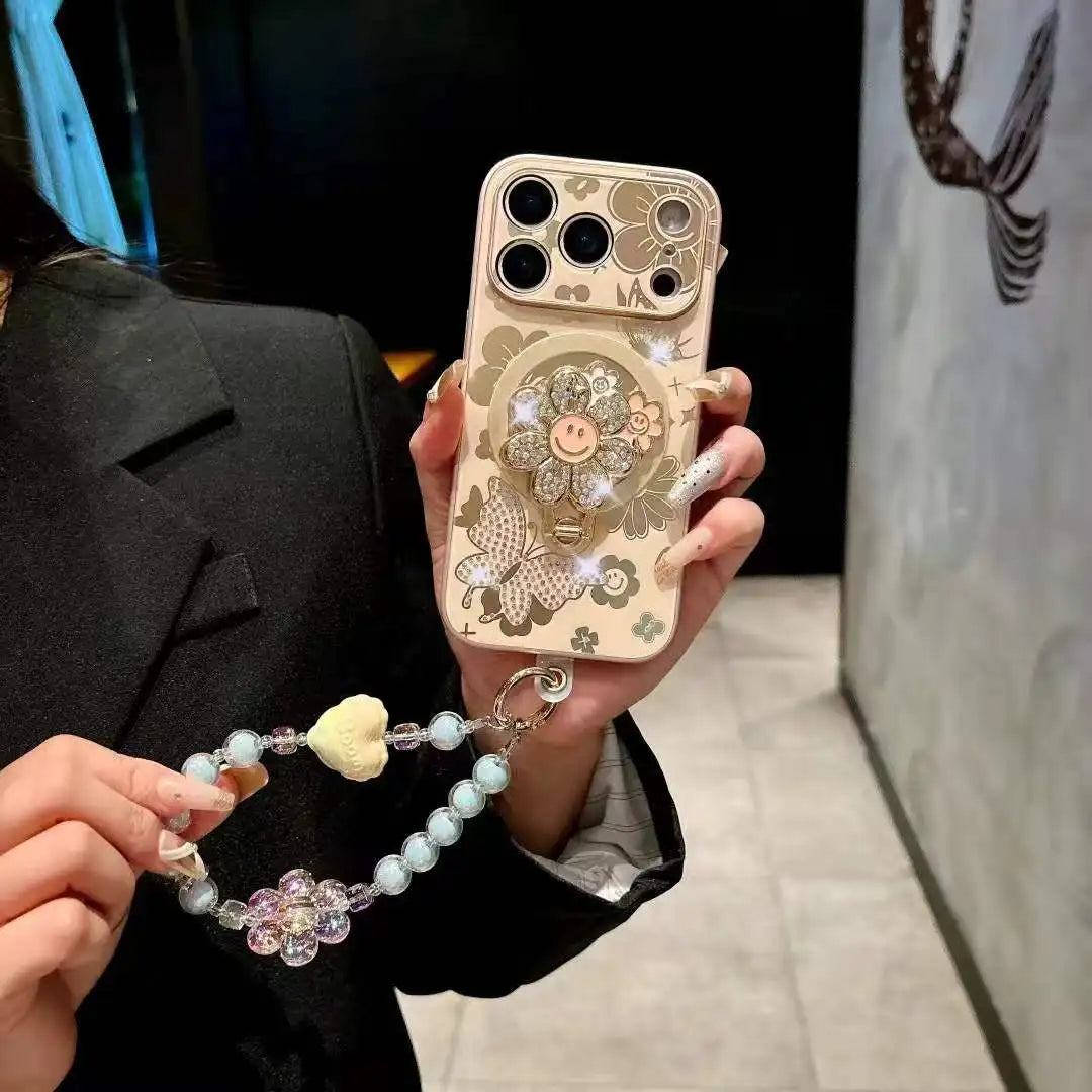 【フラワーシリーズ】キラキラ立体スマイルフラワー＆バタフライ デザインスマホケース｜iPhone対応 #251211