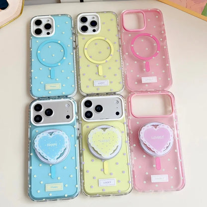 ハートグリップ ビーズストラップ付き ドット柄 韓国風 iPhoneケース #240509