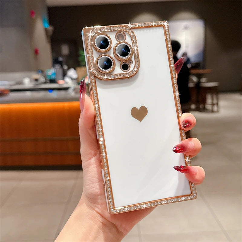 【スクエアシリーズ】キラキラビジュー ワンポイントハート スマホケース｜iPhone対応 #250816