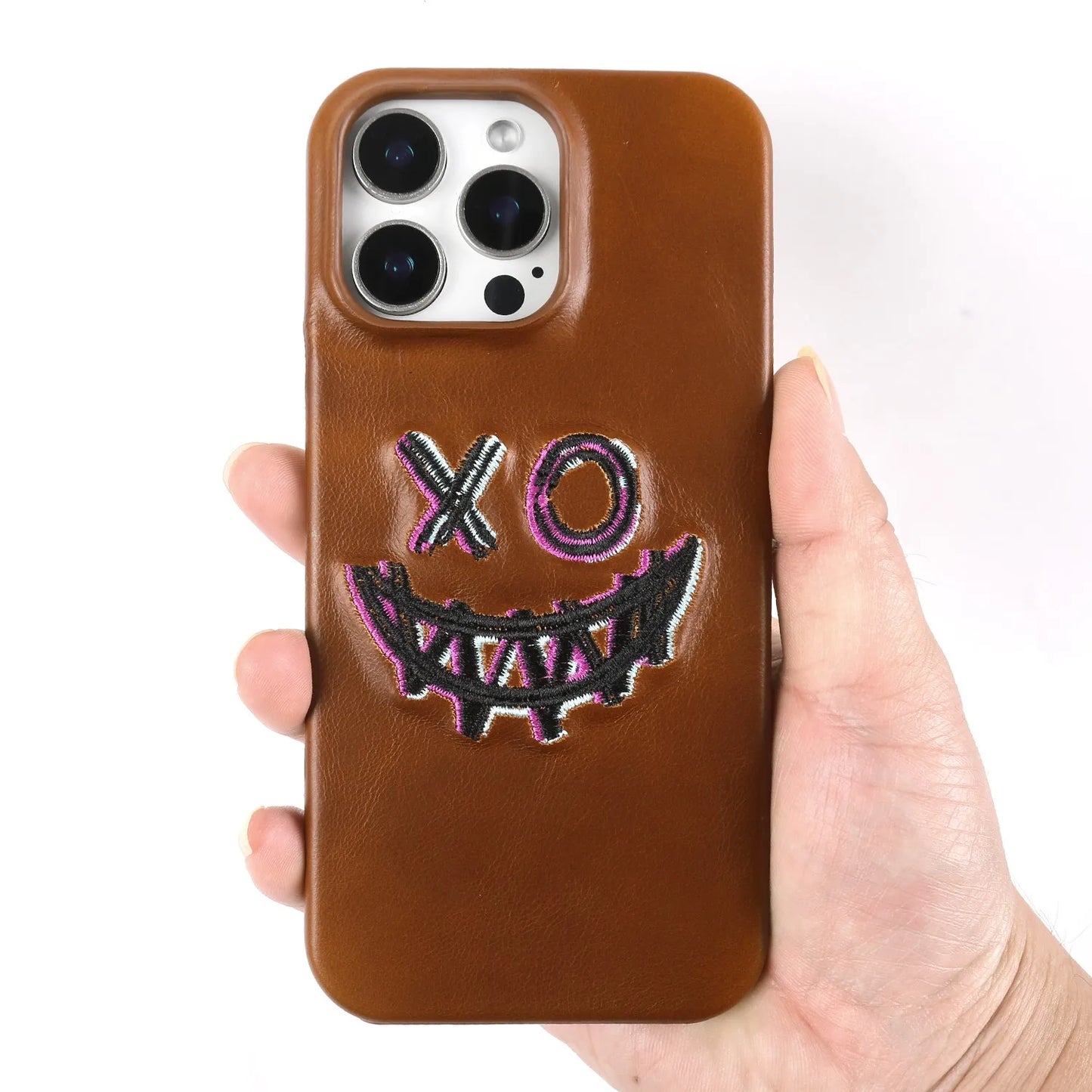 【本革シリーズ】艶あり スムースレザー スマイル ステッチケース｜iPhone対応 #240831