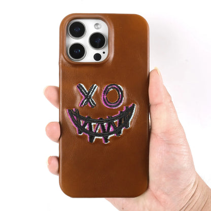 【本革シリーズ】艶あり スムースレザー スマイル ステッチケース｜iPhone対応 #240831