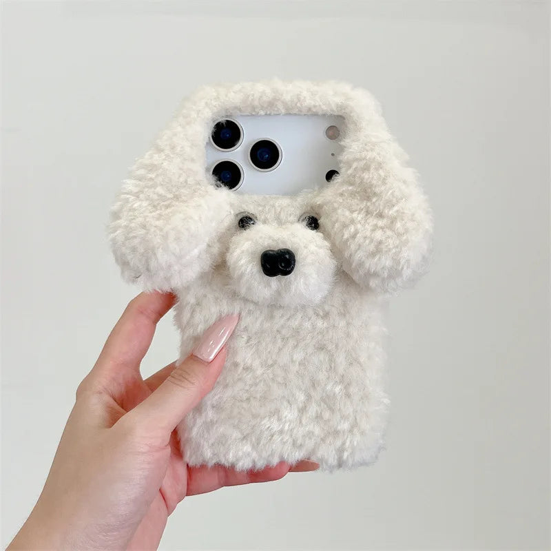 【もこもこプードルファー】耳付き 犬 Dog 3D立体デザイン スマホケース｜iPhone対応 🐶✨ #250103