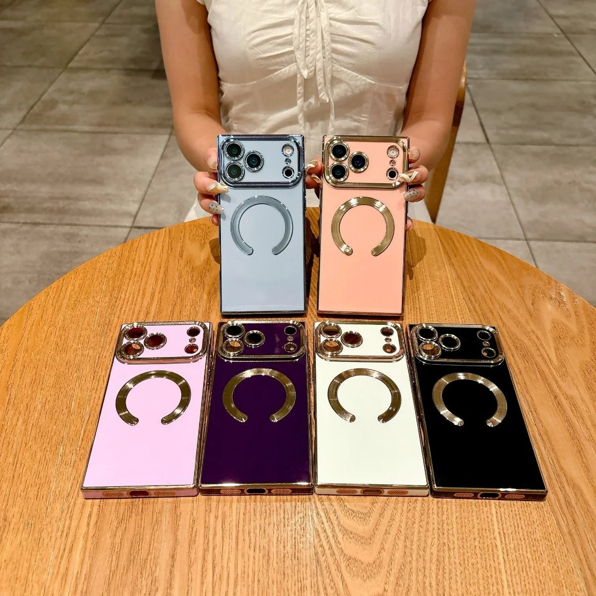 【スクエアシリーズ】Magsafe対応 メタリック縁取り スマホケース 高級感 薄型 背面保護 スマホケース カバー | iPhone対応 #250412
