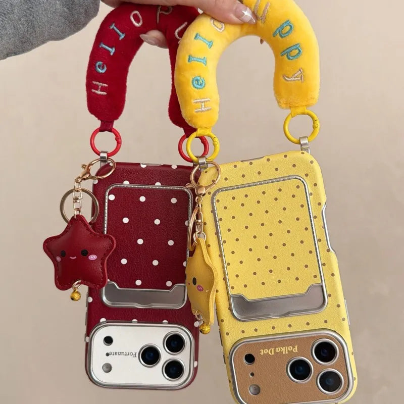 水玉 ドット柄 iPhoneケース｜もこもこスター ハンドルチャーム付き #240526