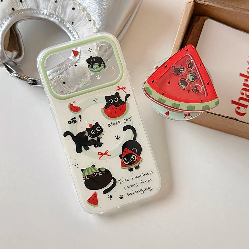 キュートな黒猫とスイカのデザイン iPhoneケース｜マグネットスタンド・ホルダー付 #260076