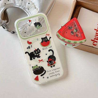 キュートな黒猫とスイカのデザイン iPhoneケース｜マグネットスタンド・ホルダー付 #260076