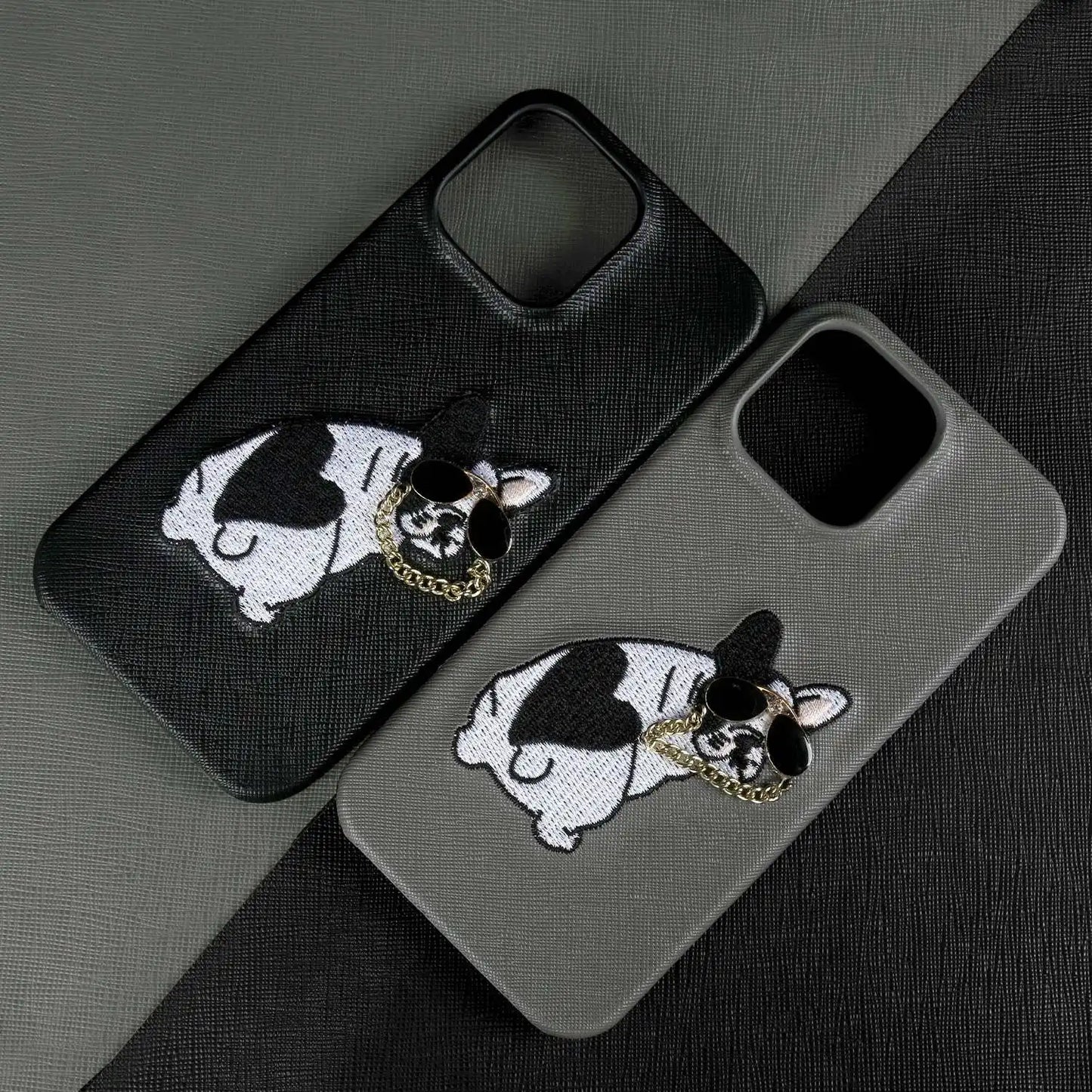 【本革シリーズ】 レザー サングラス フレンチブルドッグ 刺繍 iPhoneケース #260211