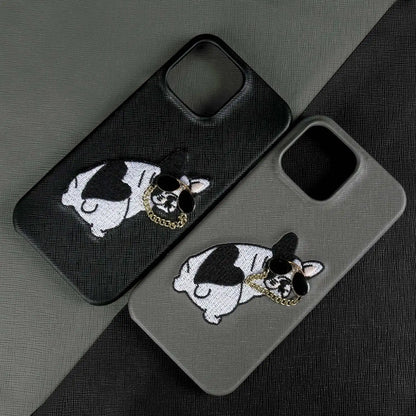 【本革シリーズ】 レザー サングラス フレンチブルドッグ 刺繍 iPhoneケース #260211
