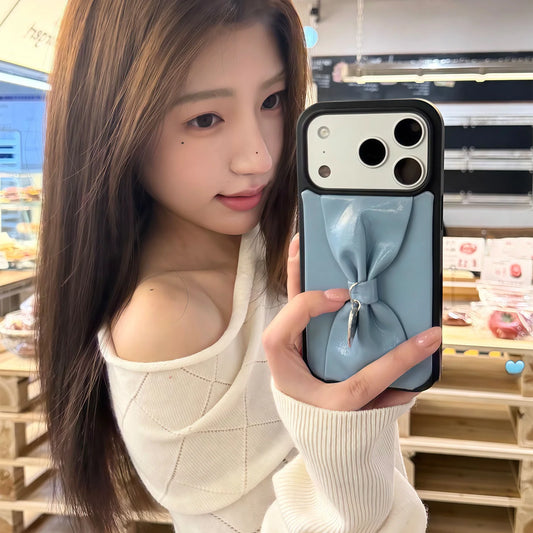 【立体リボン】 ハートチャーム付き ソフトレザー調  iPhoneケース #260207