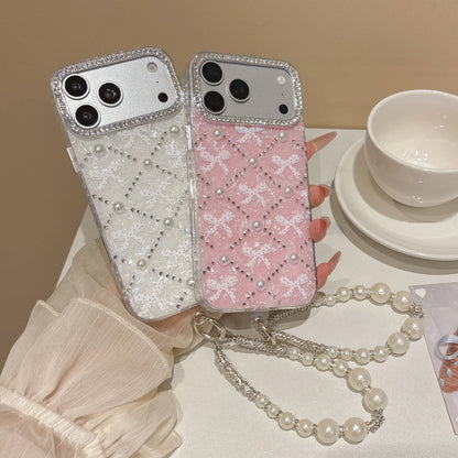レース リボン キルティング風 ラインストーン パール ストラップ付 iPhoneケース | ガーリー・フレンチ風 #261004