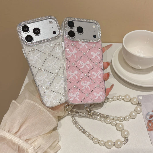 レース リボン キルティング風 ラインストーン パール ストラップ付 iPhoneケース | ガーリー・フレンチ風 #261004