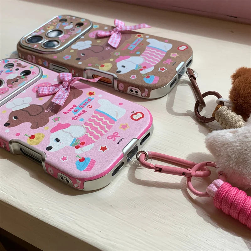 【スウィートダックス】チェックリボン×ドッグデザイン  ストラップ付き スマホケース｜iPhone対応 #241228