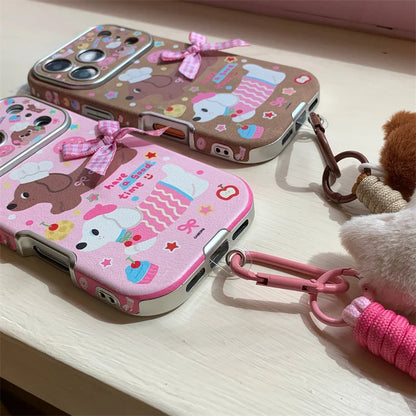 【スウィートダックス】チェックリボン×ドッグデザイン  ストラップ付き スマホケース｜iPhone対応 #241228