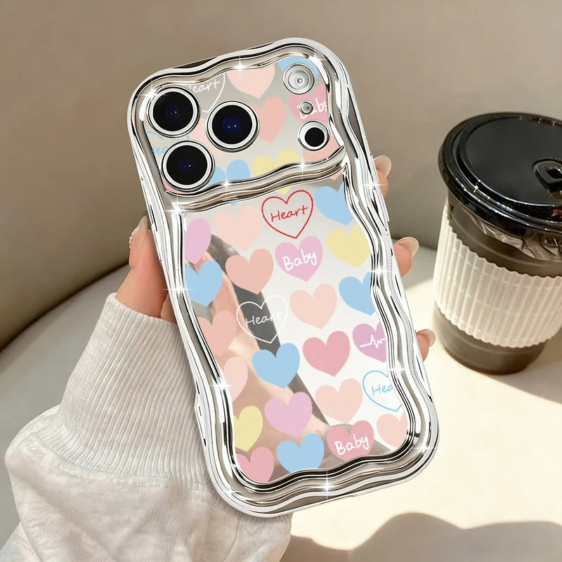 ウェーブフレーム カラフルハート ミラー調 韓国 ポップかわいい｜iPhoneケース #260509