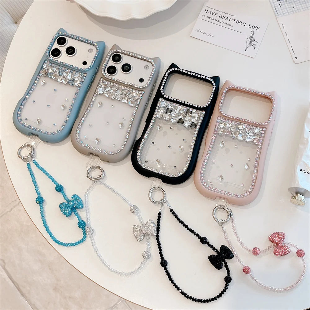 猫耳シリーズ キラキラ リボン ビジューストラップ付き カラーフレーム クリア iPhoneケース #230721