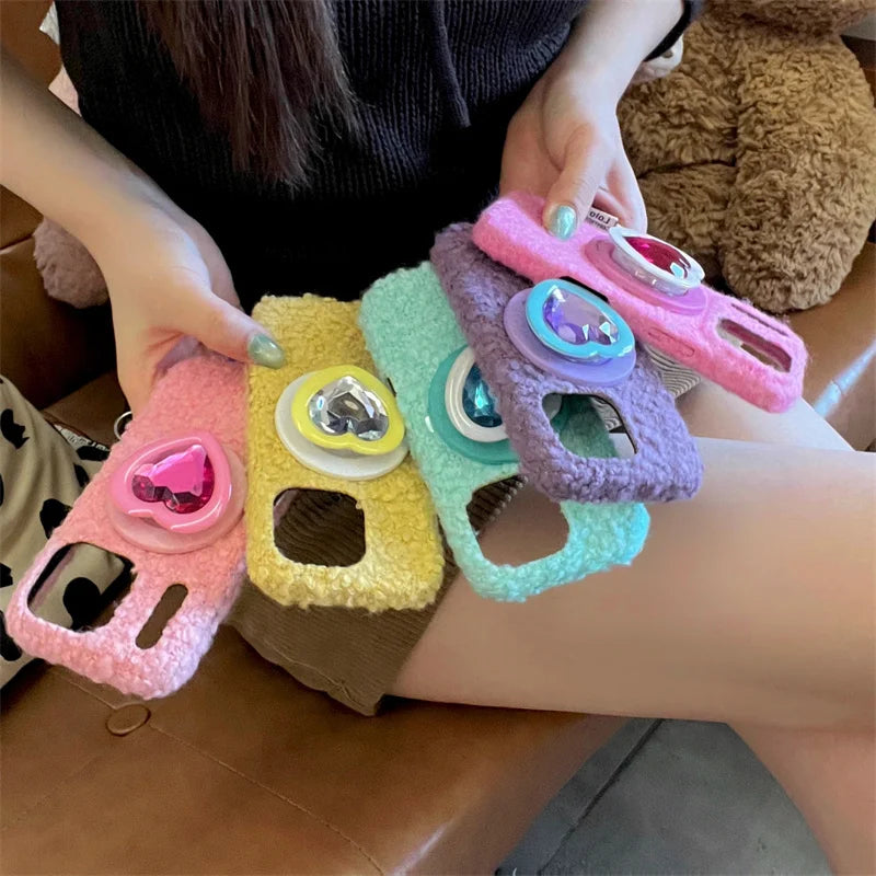 【Magsafe対応】立体ハートジュエルポップソケット × もこもこファー スマホケース｜iPhone対応 #241214