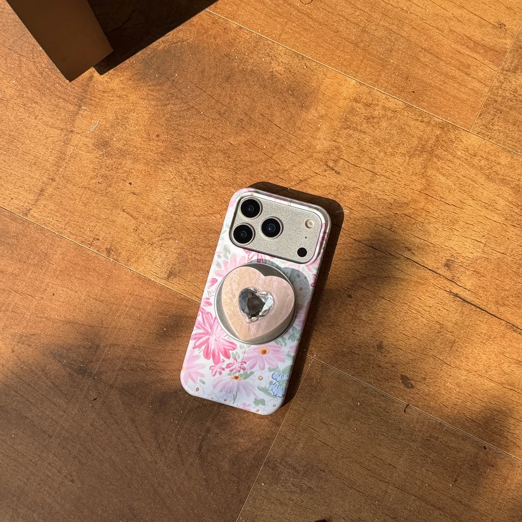 【フラワー×ハートストーン】 iPhoneケース Magnetグリップ ｜パステル・フェミニン #231031