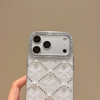 レース リボン キルティング風 ラインストーン パール ストラップ付 iPhoneケース | ガーリー・フレンチ風 #261004