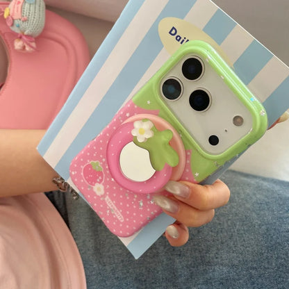 ストロベリードット ミラーグリップ付き iPhoneケース｜いちごイラスト・3Dフルーツグリップ #240429