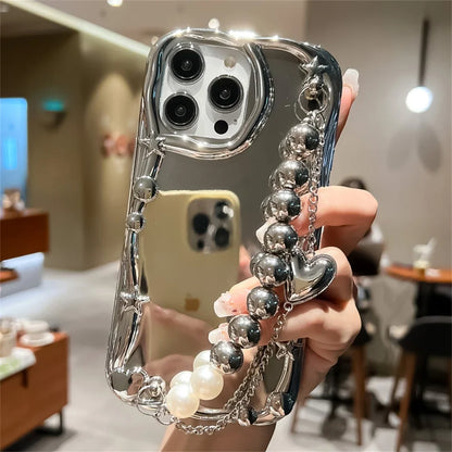 【メタリック×ミラー】ビーズハートチャーム付きスマホケース｜iPhone対応 #250729