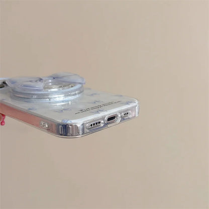 【淡ブルーリボン×グリップ付き】ガーリー 透明クリアケース｜iPhone対応 #250510