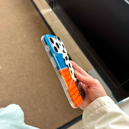 【カウパッチワーク】デニム×チェック×アニマル柄 スマホケース｜iPhone対応 #250123