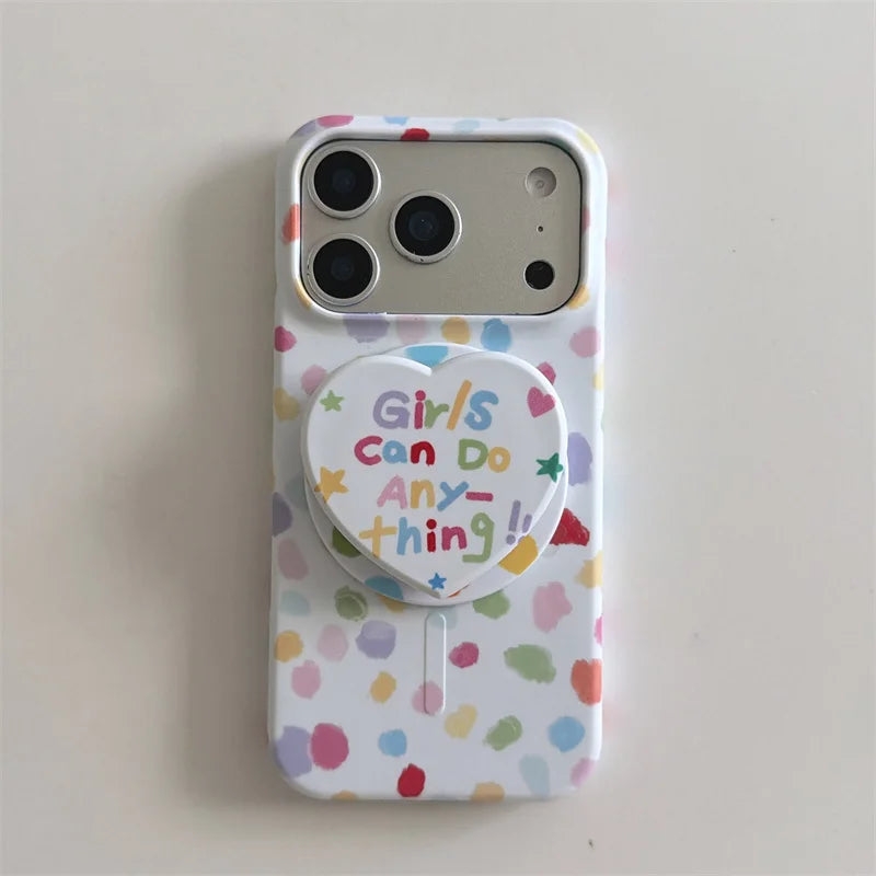 ガーリーポップ カラフルドット 水玉ペイント Magnet内蔵 iPhoneケース｜ハートグリップ付き #230708