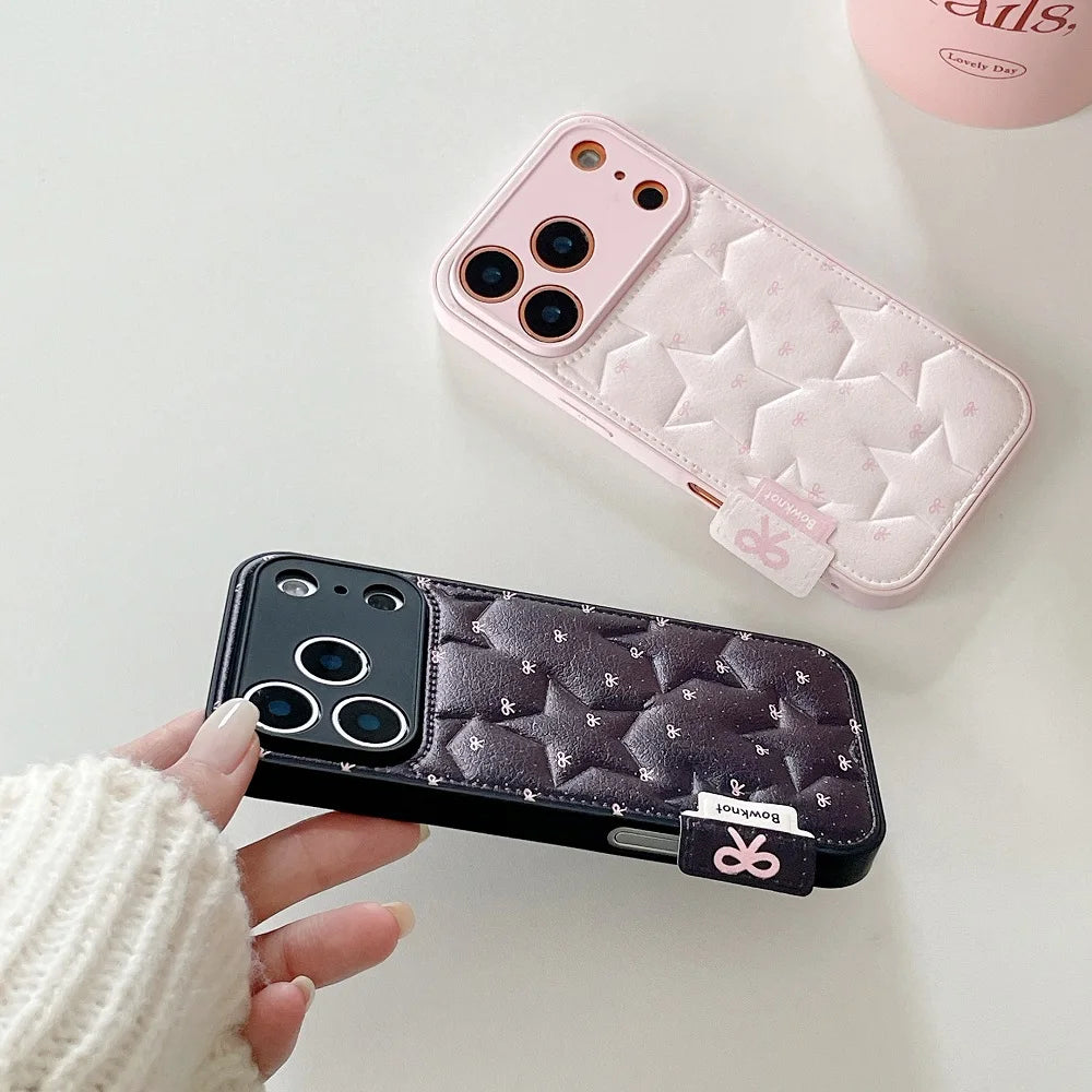 【もこもこスターキルティング】 ふわふわ チェッククッション ハンドル ストラップケース｜iPhone対応 #240913