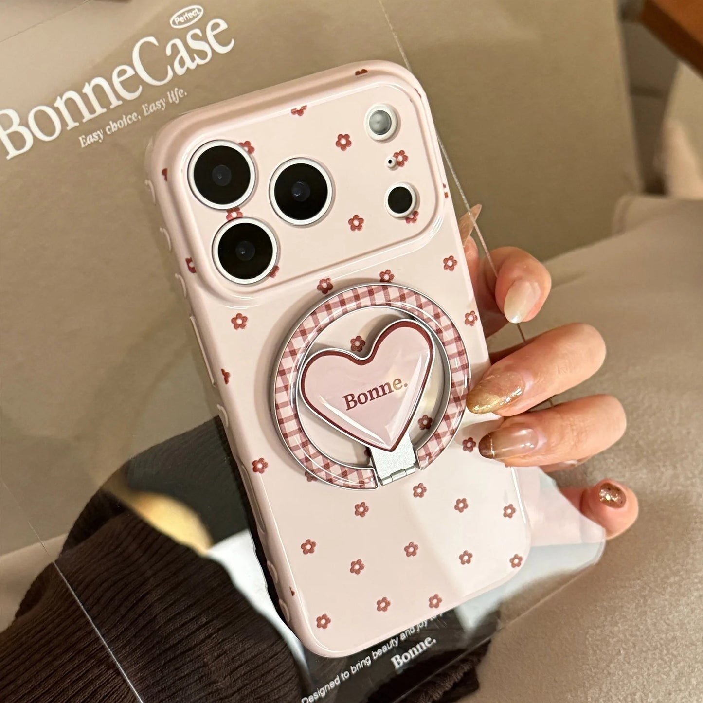 【マグネット式折りたたみハートスタンド付き】リボン × プチフラワー 小花 ハートスタンドスマホケース｜iPhone対応 #240628