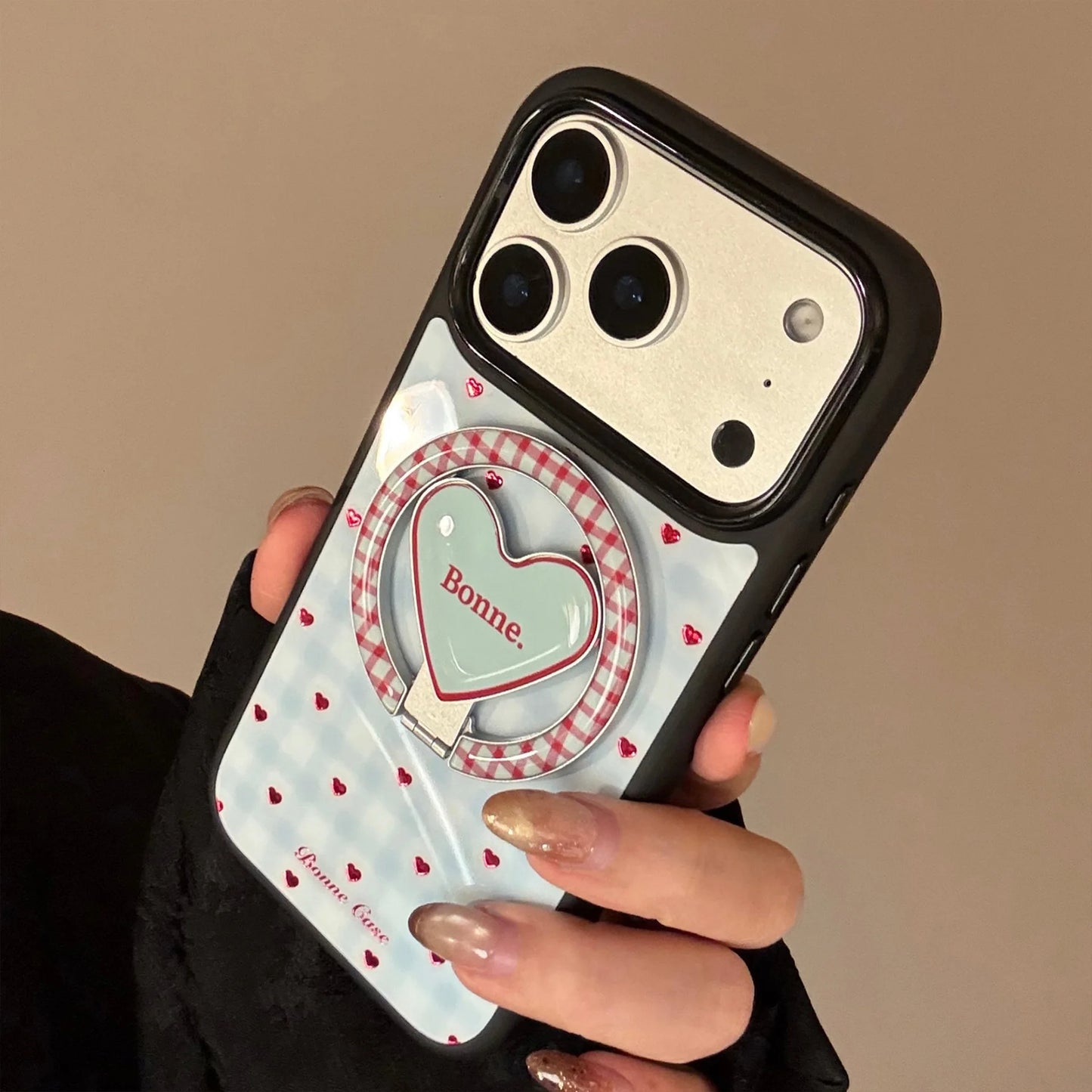 【マグネット式折りたたみハートスタンド付き】ブルーギンガムチェック柄 ハートリング付きスマホケース｜iPhone対応 #240703