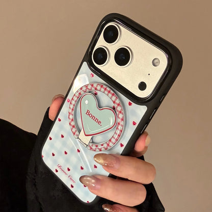 【マグネット式折りたたみハートスタンド付き】ブルーギンガムチェック柄 ハートリング付きスマホケース｜iPhone対応 #240703