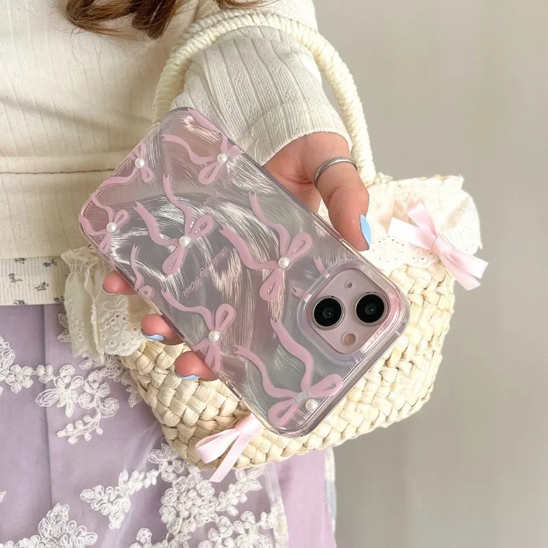 【パールピンクリボン】リボン×パールアクセント スマホケース｜iPhone対応 #250607