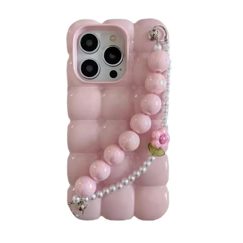 【ぽこぽこシリーズ】3D立体キューブデザイン ビーズストラップ付き スマホケース｜iPhone対応 #251027