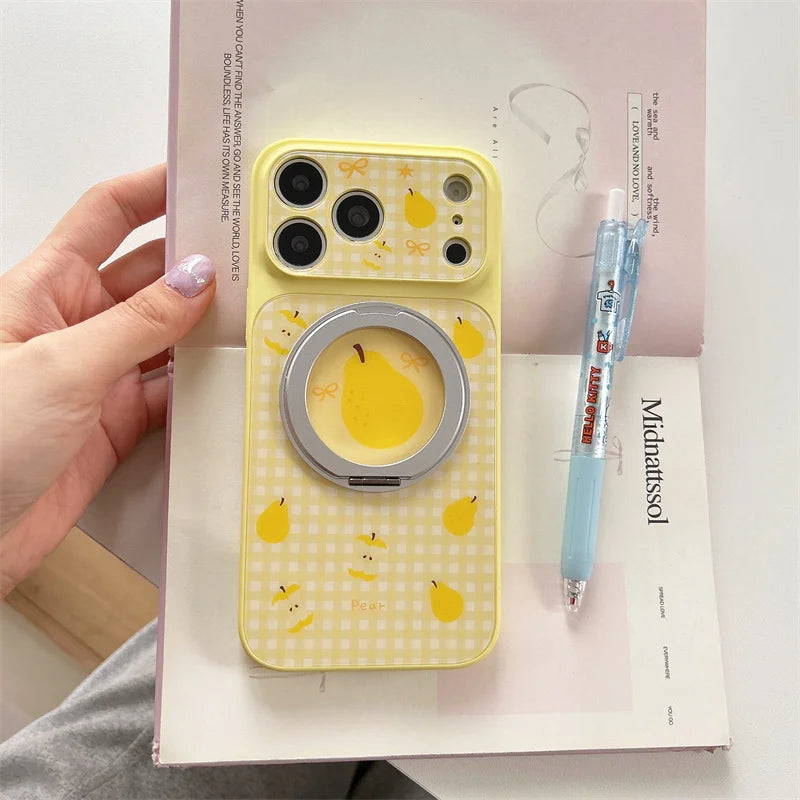 【フルーツ柄】ギンガムチェック iPhoneケース 回転リングスタンド付き ｜かわいい ポップ #260021