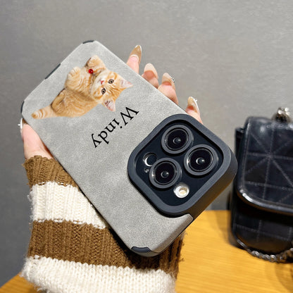 【カスタムNAMEシリーズ】ペット写真×ネーム入り スエード調 フォトケース｜iPhone対応 #241007